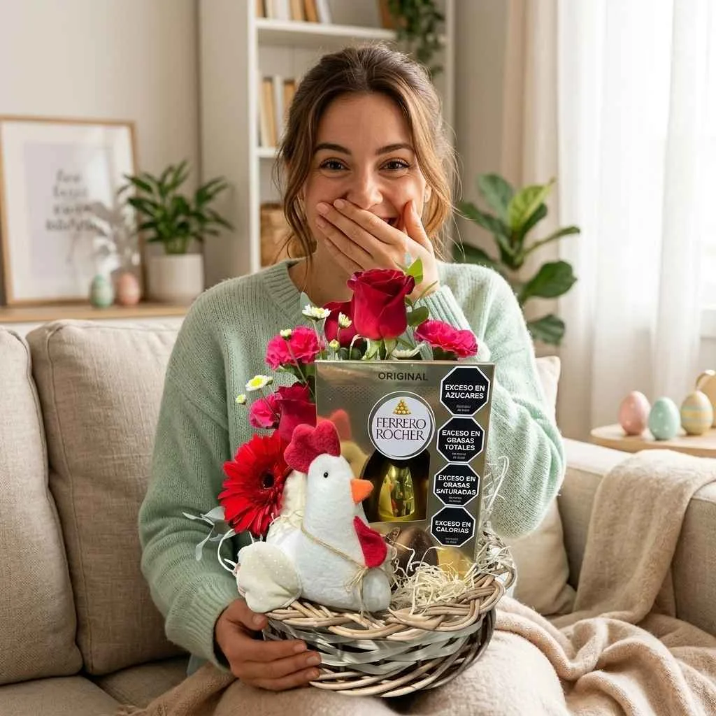 CANASTA DE PASCUA CON FLORES HUEVO ROCHER Y GALLINA
